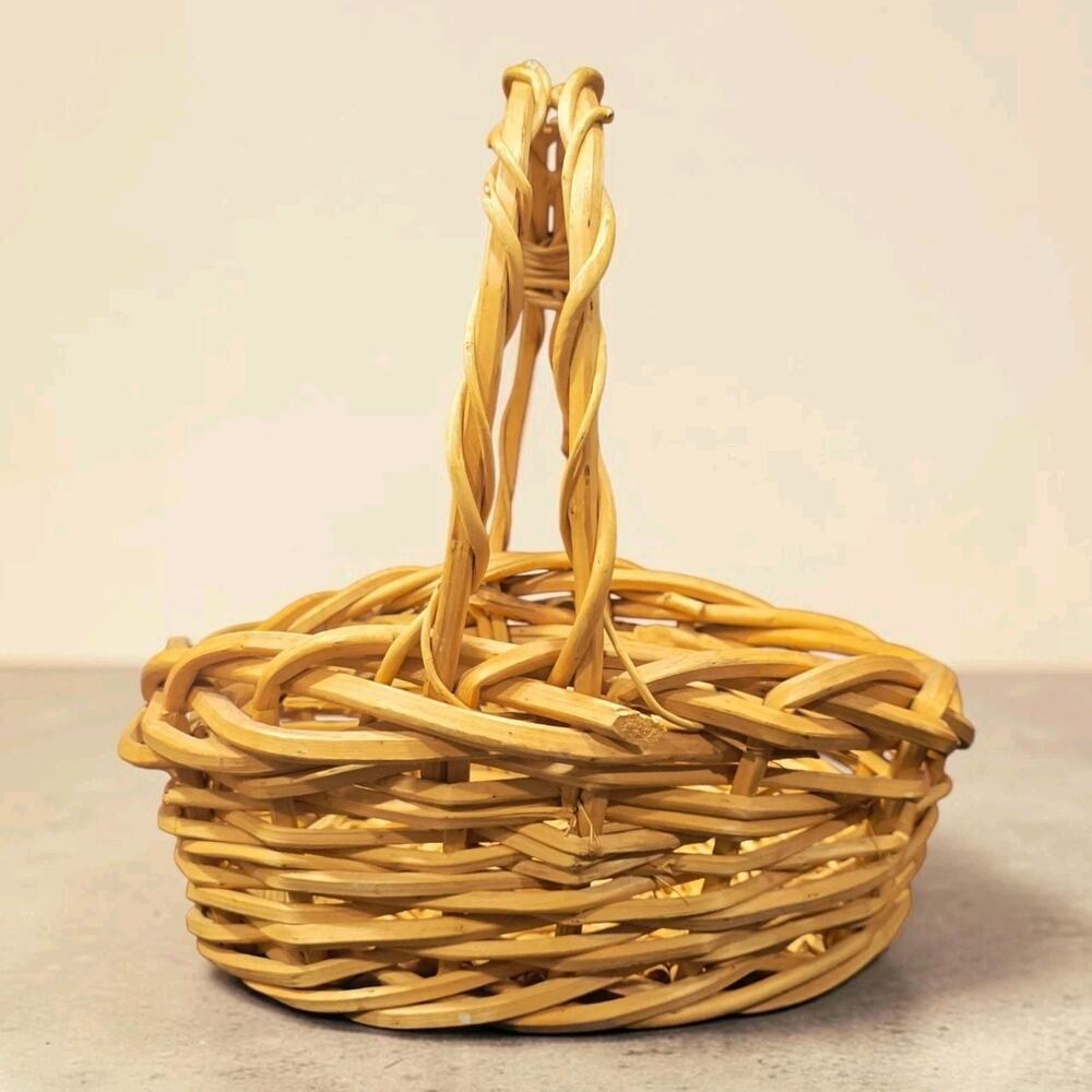 Vintage Wicker Willow Gathering Basket 14.5" Tall Twisted Handle Farmhouse Oval
